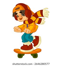 Autumn Boy on Skateboard Illustration. Cheerful cartoon boy in warm autumn clothes riding a skateboard, isolated on white. Flat style with bright seasonal palette and dynamic pose.