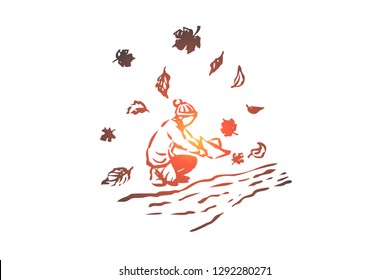 Autumn, boy, river, season, paper concept. Hand drawn boy play with handmade boats concept sketch. Isolated vector illustration.