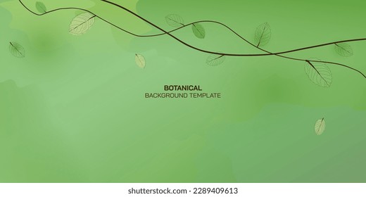 Autumn branch childish style with abstract mixed green and yellow watercolor blended background. Botanical leaves and branch doodle lines.