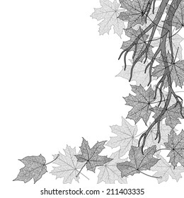 Autumn branch with dry maple leaves silhouettes background, vector illustration.