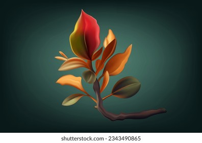 Rama de otoño, caída, icono 3d. Selva aislada, hojas de cerca. Herbario seco, naturaleza otoñal, planta estacional colorida. Arte moderno, elemento decorativo vectorial 3d. Para el diseño de afiches, banners o portadas.