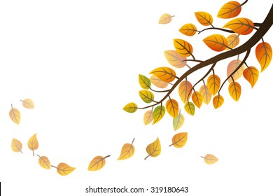 Autumn branch with falling leaves on white background