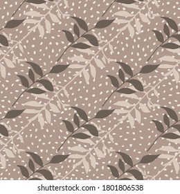 Rama de otoño con follaje sin soldadura. Obra de arte creativa en tonos beige y marrón con fondo punteado. Excelente para papel de pared, textil, papel envolvente, impresión de tela. Ilustración vectorial.