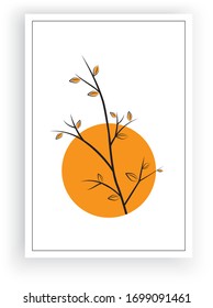 Autumn branch illustration on sunset, vector. Branch isolated on white background. Minimalist art design. Scandinavian poster design. Wall art, artwork, wall decals