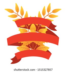 autumn branch with leafs and ribbon decorative crown vector illustration design