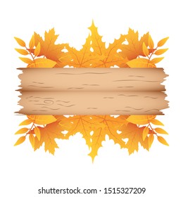 autumn branch with leafs and wooden label decorative crown vector illustration design