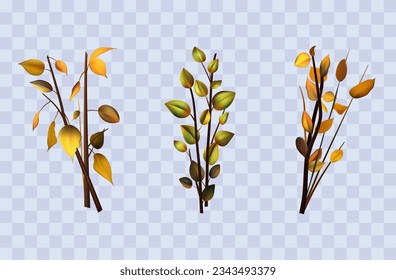 Rama de otoño con hojas, set 3d. Caída, follaje, temporada de naturaleza, rata con hojas secas, ramo. Botánica de otoño, herbario. Ilustración vectorial, afiche, pancarta. Diseño de una tienda, sitio, elementos de collage