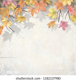 Autumn branch with maple leaves on decorative plaster wall. Vector fall background