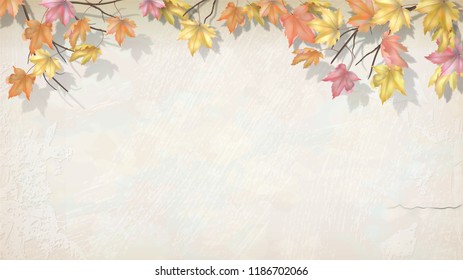 Autumn branch with maple leaves on decorative plaster wall. Vector fall background