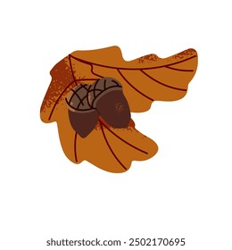 Autumn branch of oak with acorn icon. Fall twig of tree with dry leaves. Botanical decoration in hand drawn style. Autumnal sprig with leafage, nuts. Flat isolated vector illustration on white