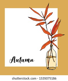 Autumn branch with orange leaves in transparent glass bottle with water. Vector card