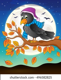 Autumn branch with raven - eps10 vector illustration.