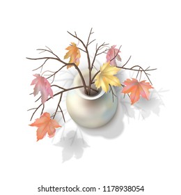 Autumn branches with maple leaves in a vase on white background. Vector top view illustration