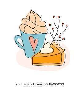 Ilustración del Vector Cute de Desayuno Otoño. Comida Acogedora En Casa. Pie de calabaza con crema de calabaza picante latte. 