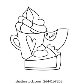 Autumn breakfast line art vector illustration. Coffee with whipped cream, piece of pumpkin, pumpkin pie.