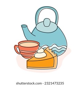 Desayuno otoñal. Pie de calabaza, hervidor de agua y Té. Ilustración Del Vector De Comida Cozy Fall Morning.