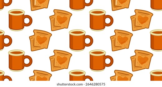 Autumn Breakfast Seamless Pattern. Seamless cartoon pattern with brown mugs and toasts, one of them topped with jam in a heart shape. Warm color palette, hand-drawn style, isolated.
