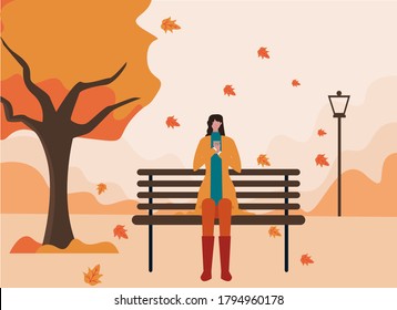 Autumn breeze vector layout concept: woman using her smartphone while sitting on a park bench