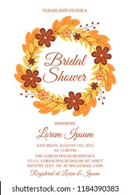 Autumn Bridal Shower Invitation Card. Wreath With Colorful Leaves And Flowers. Fall Theme Bridal Party Invite. Wedding Stationery. Vector Illustration. Easy To Edit Template For Your Design Projects.