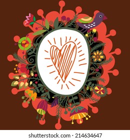 Autumn  bright background with blossom branches and cute bird. Bright illustration, can be used as creating card,invitation card for wedding, birthday and other holiday and cute summer background.