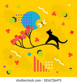 Otoño fondo brillante con gato y libélula en vector