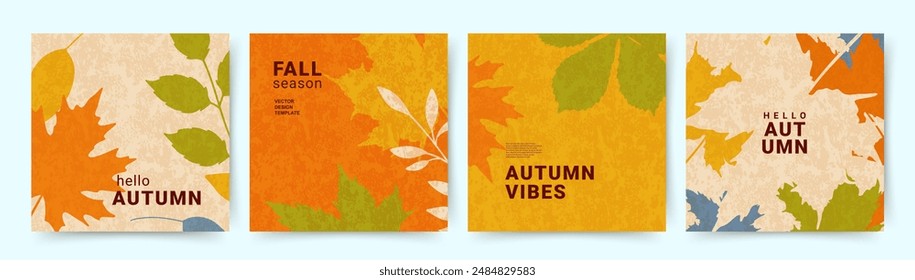 Autumn bright backgrounds with abstract leaves. Creative design templates in minimalist style for card, social media, celebration, ads, branding, banner, cover, label, poster, sale