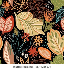 Autumn bright floral leaves seamless pattern. Cute hand drawn fall foliage, bold flowers on black repeat background, wallpaper. Tropical nature. Vector botanical textile design, print, wrapping paper.