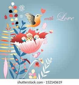autumn bright floral pattern with birds on a blue background 