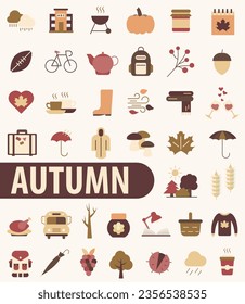 Autumn bright icons. Set of autumn color icons. Autumn time. Set of autumn icons. Vector illustration. EPS 10.