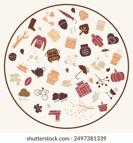Autumn bright icons. Set of autumn color icons. Autumn time. Set of autumn icons. Vector illustration. EPS 10.