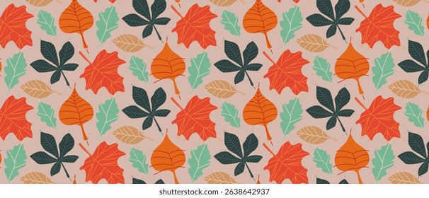 Autumn bright leaves, seamless pattern of falling leaves. Vector.