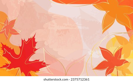 Autumn bright, red and yellow leaves, on a watercolor vector background with golden lines. Abstract wallpaper design with maple leaves, line art, colorful, flowers, gold. Elegant fall season	