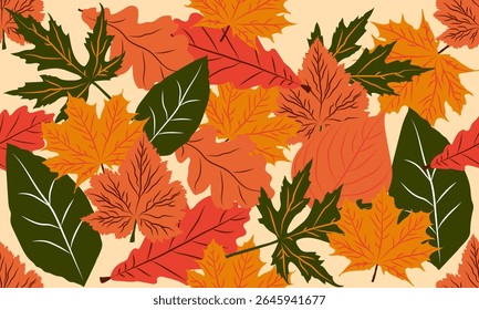 Autumn bright seamless pattern with different leaves on a light background.Elements for printing,fabrics,wallpaper,packaging.Vector illustration