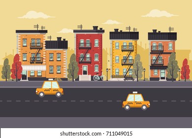 Autumn in Brooklyn with Colorful Brick Buildings. Flat Design Style. 