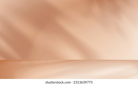 Autumn Brown Background with Shadow,Light on Platform,Fall Season Display Podium with Shadow Leaves on Beige Wall Room Background for Cosmetic product presentation,Backdrop Banner Spring,Summer 