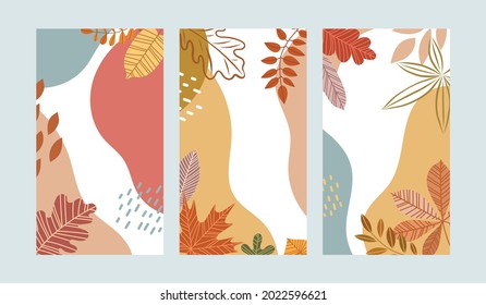 Autumn brown card, cover, banner set. Fall leaves template design