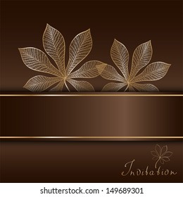 autumn brown invitation template with pair of gold chestnut leaves vector background for design