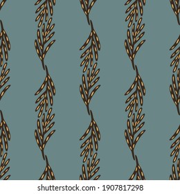 Autumn brown leaf twigs seamless pattern in doodle style. Blue pale background. Botanic simple design. Flat vector print for textile, fabric, giftwrap, wallpapers. Endless illustration.