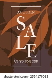 Autumn Brown sale background template, poster, banner, flyer. Elegant vertical autumn poster with leave in brown tones. Template for advertising, web, social networks, sales, offers.
