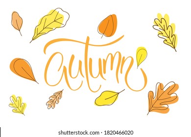 Autumn brush hand lettering text isolated for greeting card or banner with fall leaves. Modern calligraphy slogan, vector EPS 10