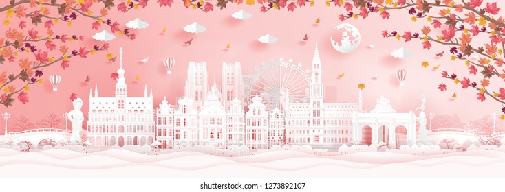 Autumn in Brussels, Belgium with falling maple leaves and world famous landmarks in paper cut style vector illustration