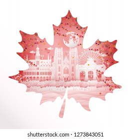 Autumn in Brussels, Belgium with maple leaf style in season concept for travel postcard, poster, tour advertising of world famous landmarks in paper cut style. Vector illustration.