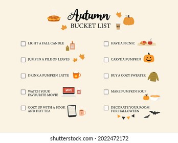 Autumn Bucker list. Fall to do list. Cute hand drawn illustrations doodles. Vector