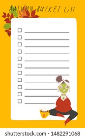 Autumn bucket list with hand drawn illustration of cute girl sitting in cozy armchair, leaves and fall elements