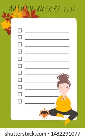 Autumn bucket list with hand drawn illustration of cute girl sitting in cozy armchair, leaves and fall elements
