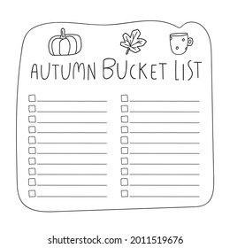 Lista del cubo de otoño. Ilustración vectorial sobre fondo blanco. Plantilla imprimible.