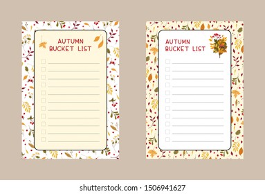 Autumn bucket lists flat vector templates set. Weekly and daily 
planner pages designs pack. Diary, notepad checklist layout
