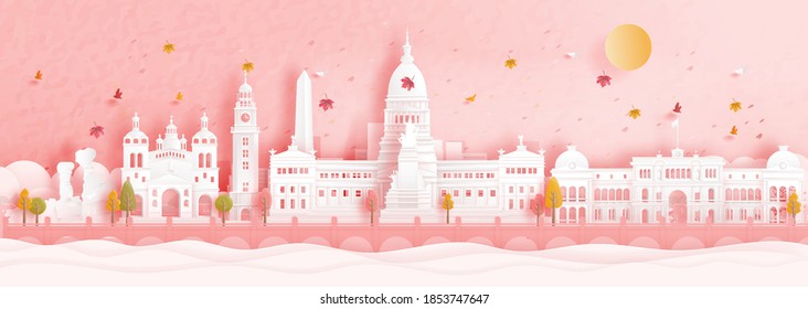 Autumn in Bueno Aires, Argentina with falling leaves and world famous landmarks in paper cut style vector illustration