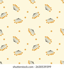 Autumn bunches of orange berries on light yellow background. Seamless pattern. Autumn vibe. Harvest. Thanksgiving. Packaging, wrapping, background, wallpaper.