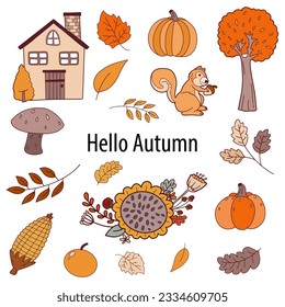 Autumn bundle of cozy design elements. Set of fall twigs with leaves, Foliage, Cottage, Pumpkins, Squirrel, Mushroom and Autumn Flower vector